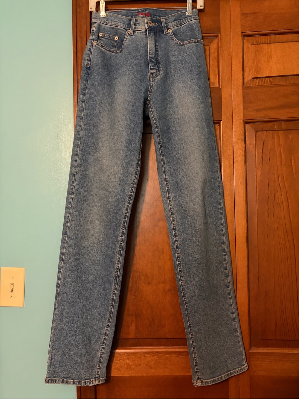 Jag Jeans medium blue denim with tan leather patch Sz 4XL
